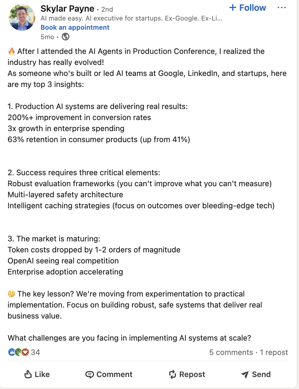 Skylar Payne's LinkedIn post about AI Agents in Production Conference, discussing how production AI systems are delivering real results, evaluation frameworks are critical, and the market is maturing