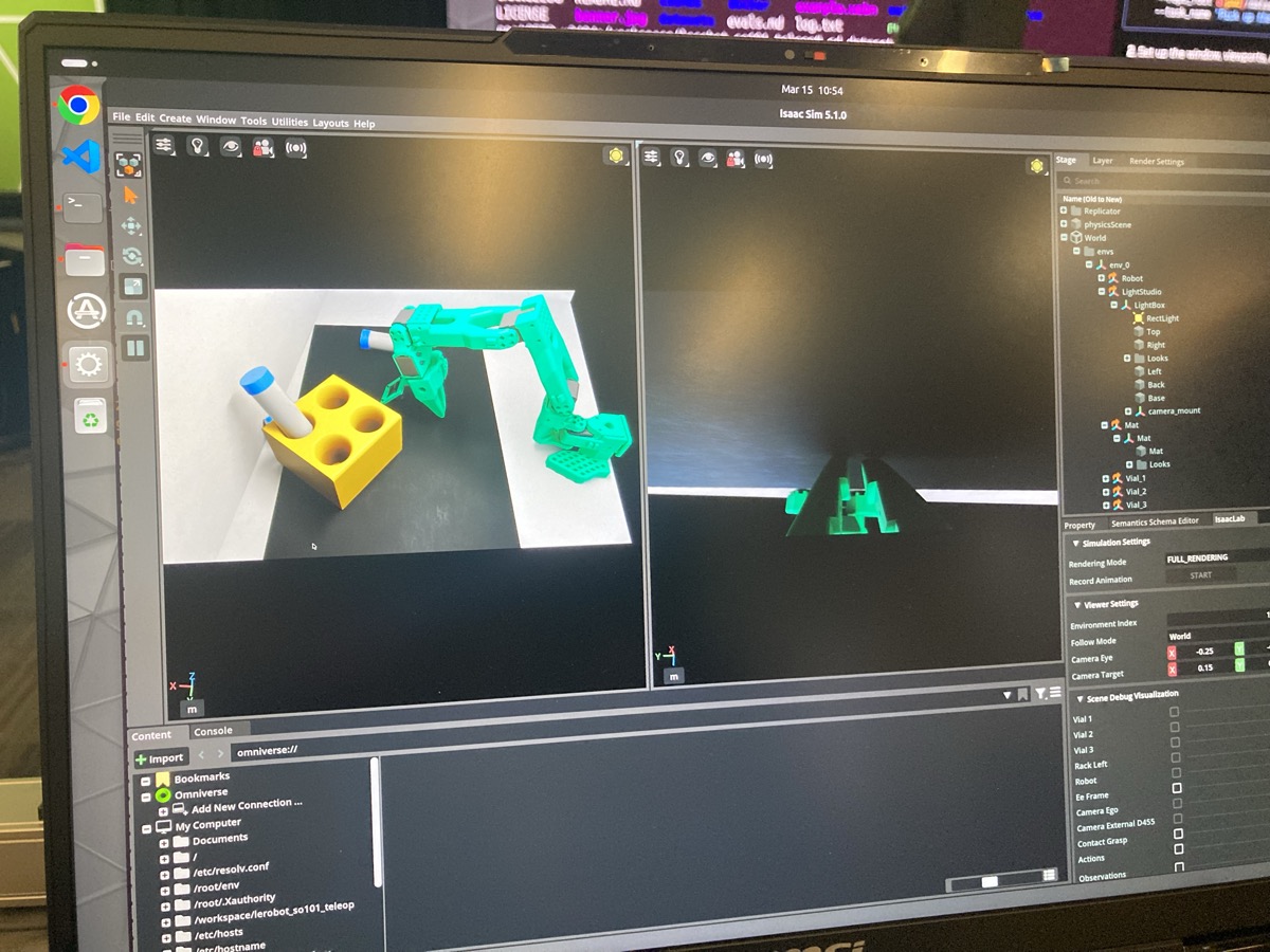 Isaac Sim environment — the simulated SO-101 picking up a vial