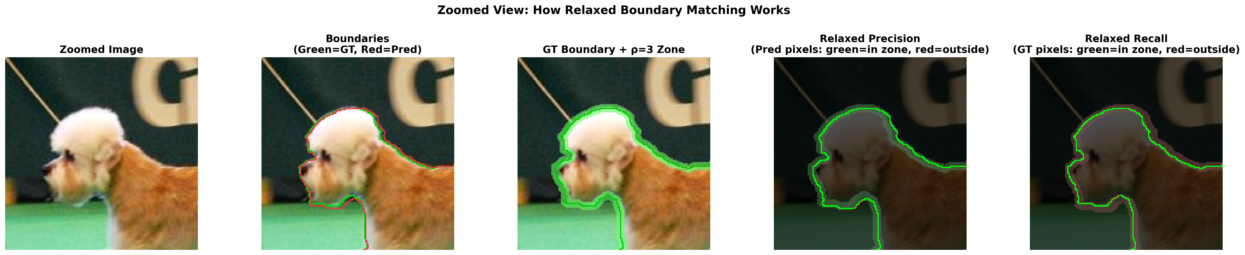 Zoomed view of the dog's head boundary region showing how predicted boundary pixels (dots) are classified as matched (green, inside the dilated GT zone) or unmatched (red, outside the zone).