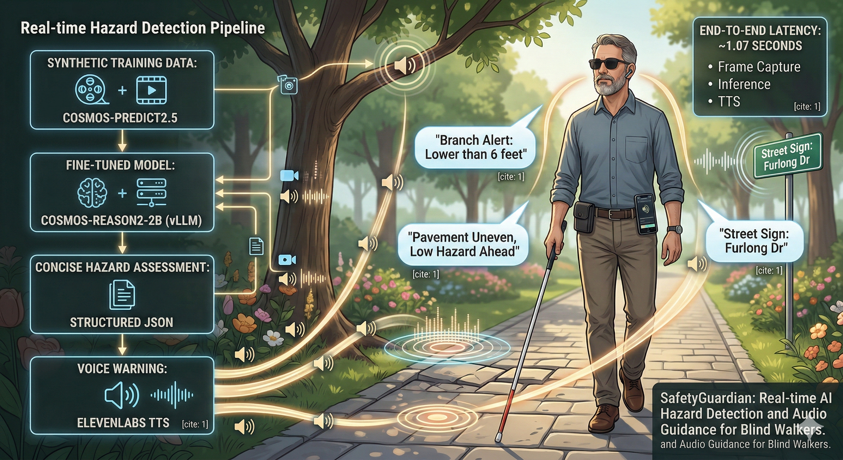 Blind user navigating outdoors with SafetyGuardian audio hazard warnings