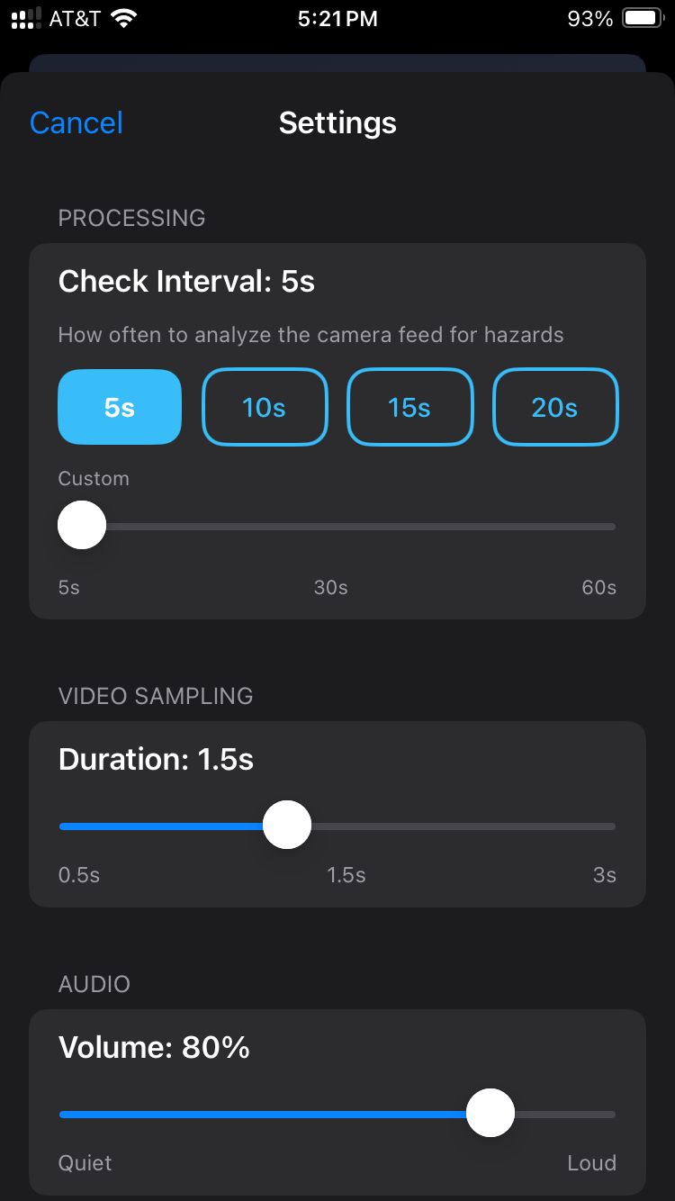 iPhone app settings screen with configuration options