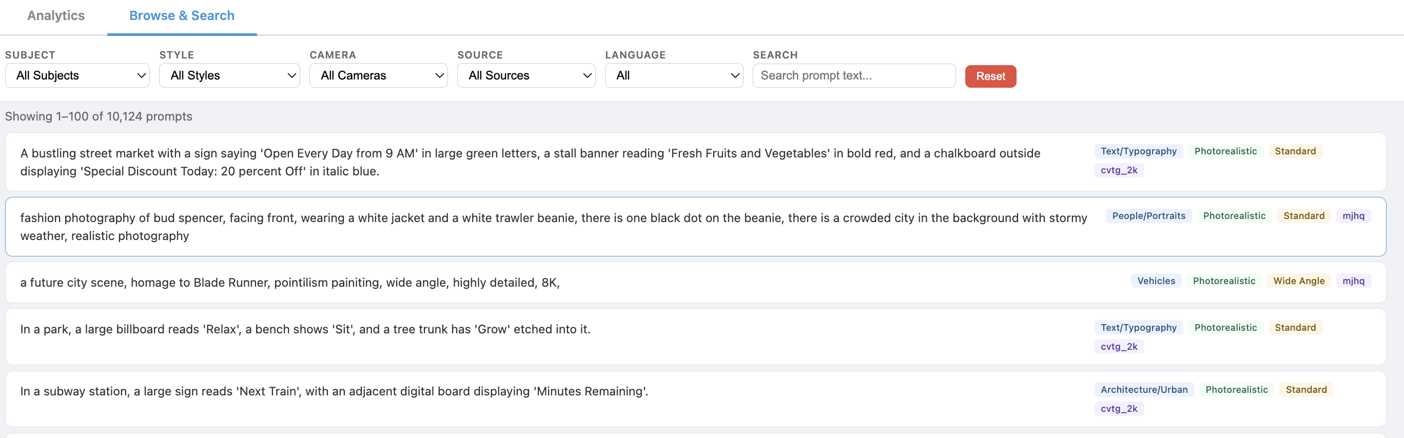 Browse tab showing prompt cards with subject, style, camera, and source tags in full text