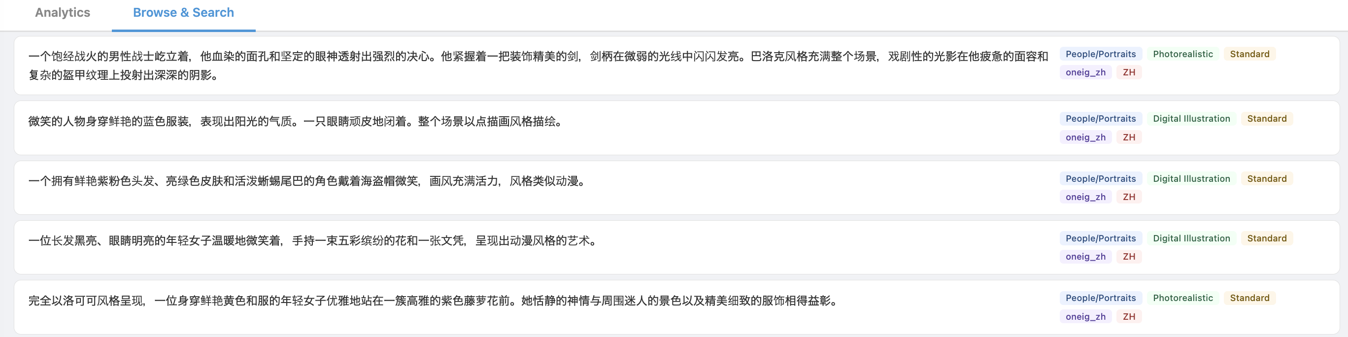 Browse tab filtered to Chinese-language prompts from OneIG-ZH and generated sources