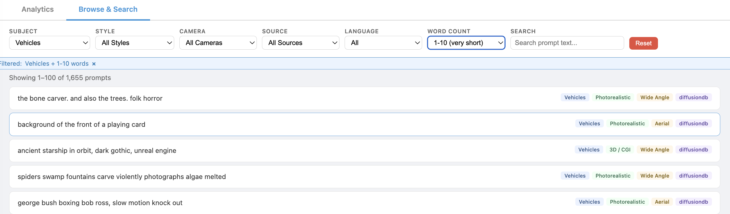 Browse view: Vehicles filtered to very short (1-10 word) prompts